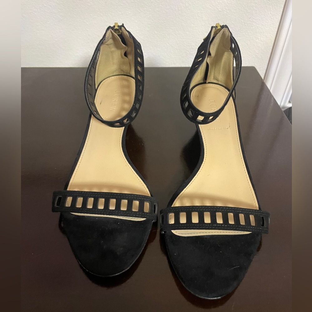 Fabulous J.Crew black wedge nubuck ankle strap sandals